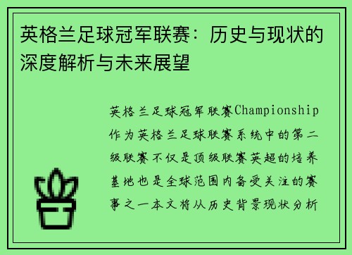 英格兰足球冠军联赛：历史与现状的深度解析与未来展望